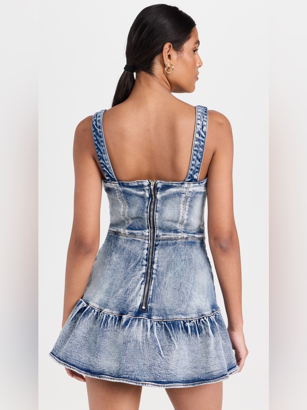 Amanda Uprichard Piper Romper in Denim Mini Dress Square Neckline Stretch Jean - Picture 2 of 7